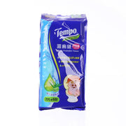 Moist flushable tissue mini pack with Tempo logo, blue pouch and aloe graphics