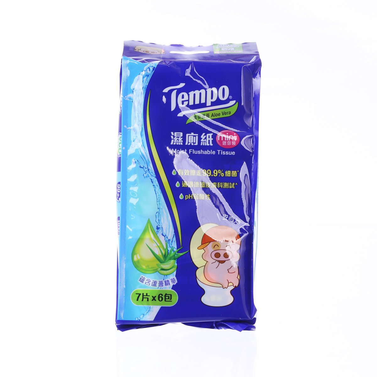 Moist flushable tissue mini pack with Tempo logo, blue pouch and aloe graphics