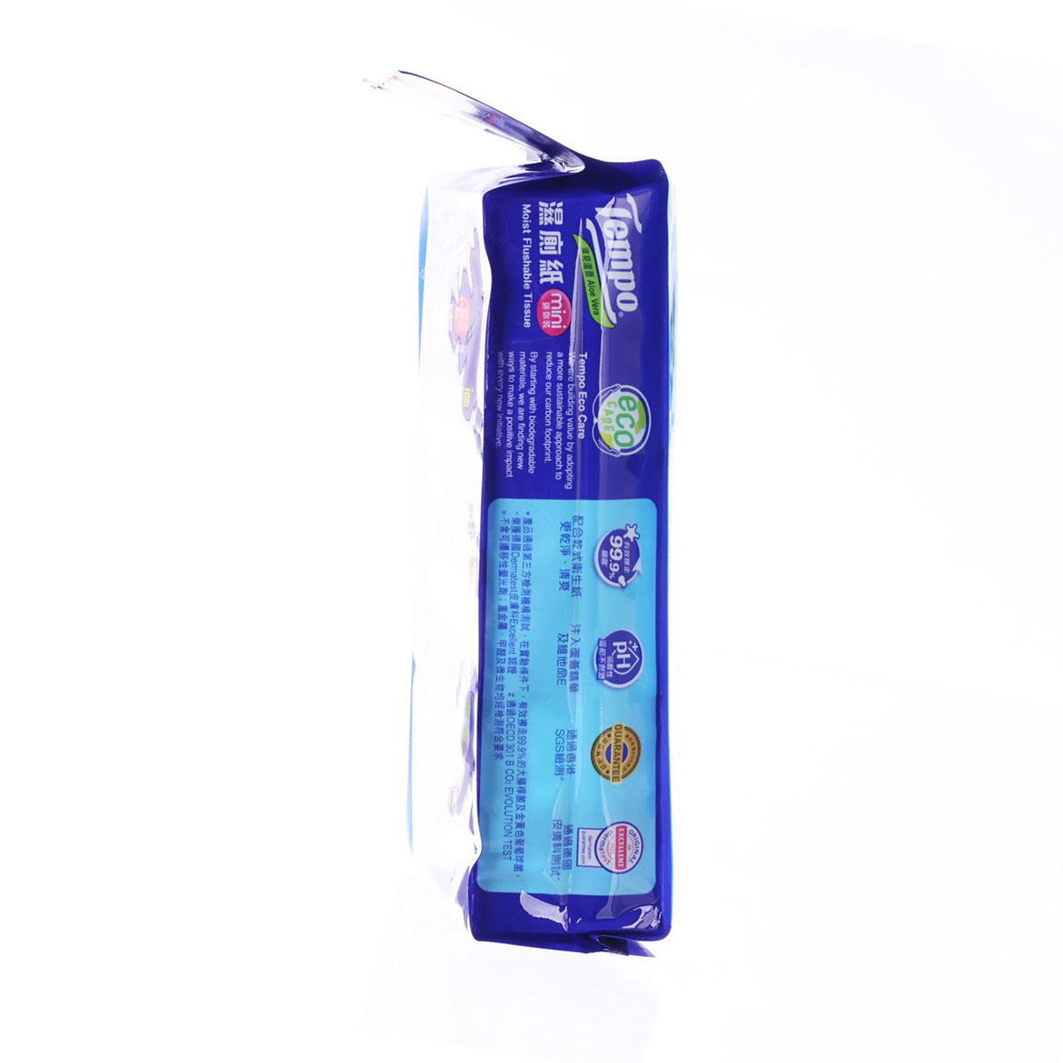 Moist flushable tissue mini pack, reverse side with printed details on pouch