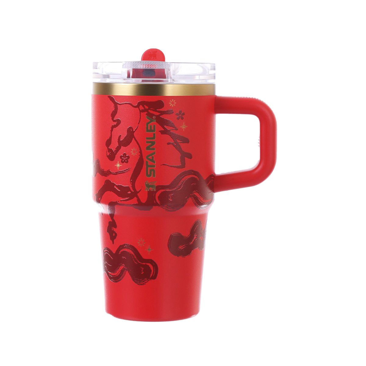 STANLEY 20oz red flip-straw tumbler with handle, clear lid, illustrated graphic
