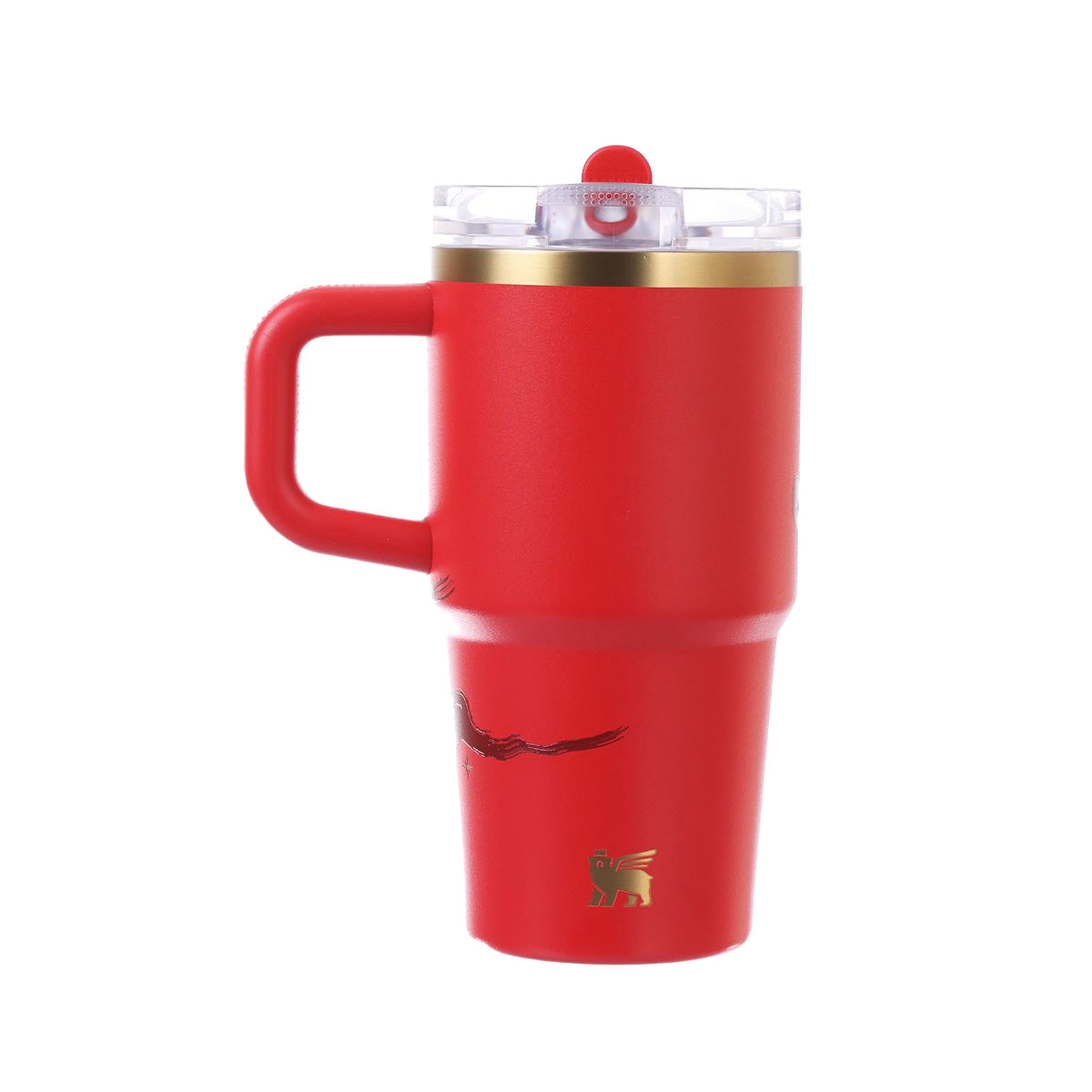 STANLEY 20oz red flip-straw tumbler, clear lid and straw, side view with handle