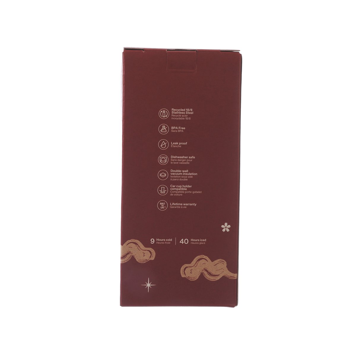 30oz Quencher ProTour flip straw tumbler box back panel, dark red with icons