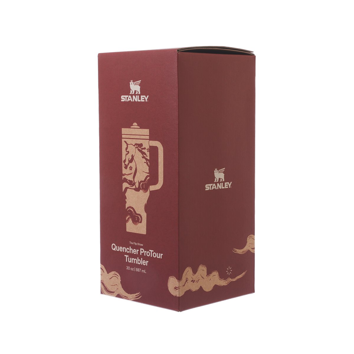 30oz Quencher ProTour flip straw tumbler box side view, dark red with STANLEY logo