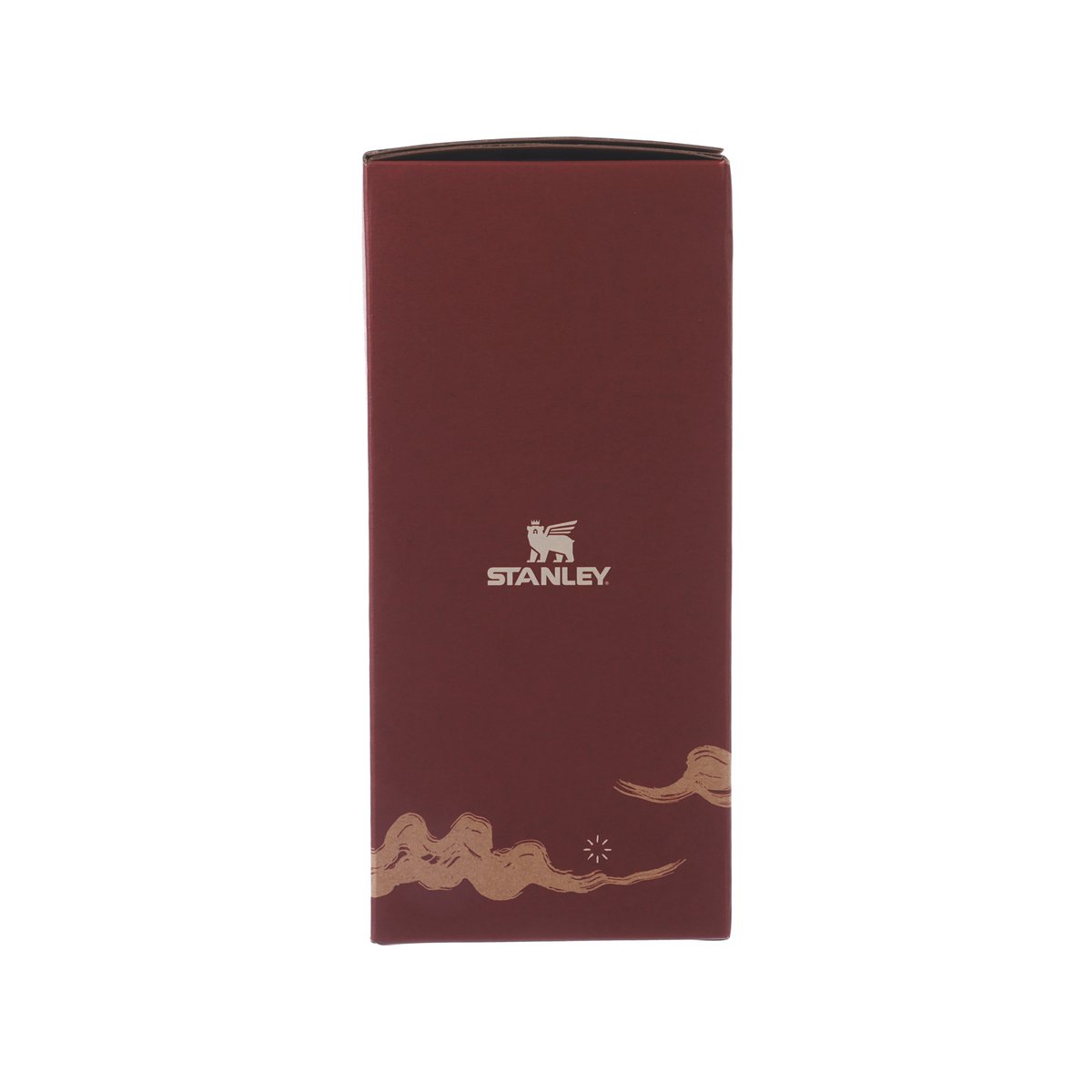 30oz Quencher ProTour flip straw tumbler box front panel, dark red with STANLEY logo