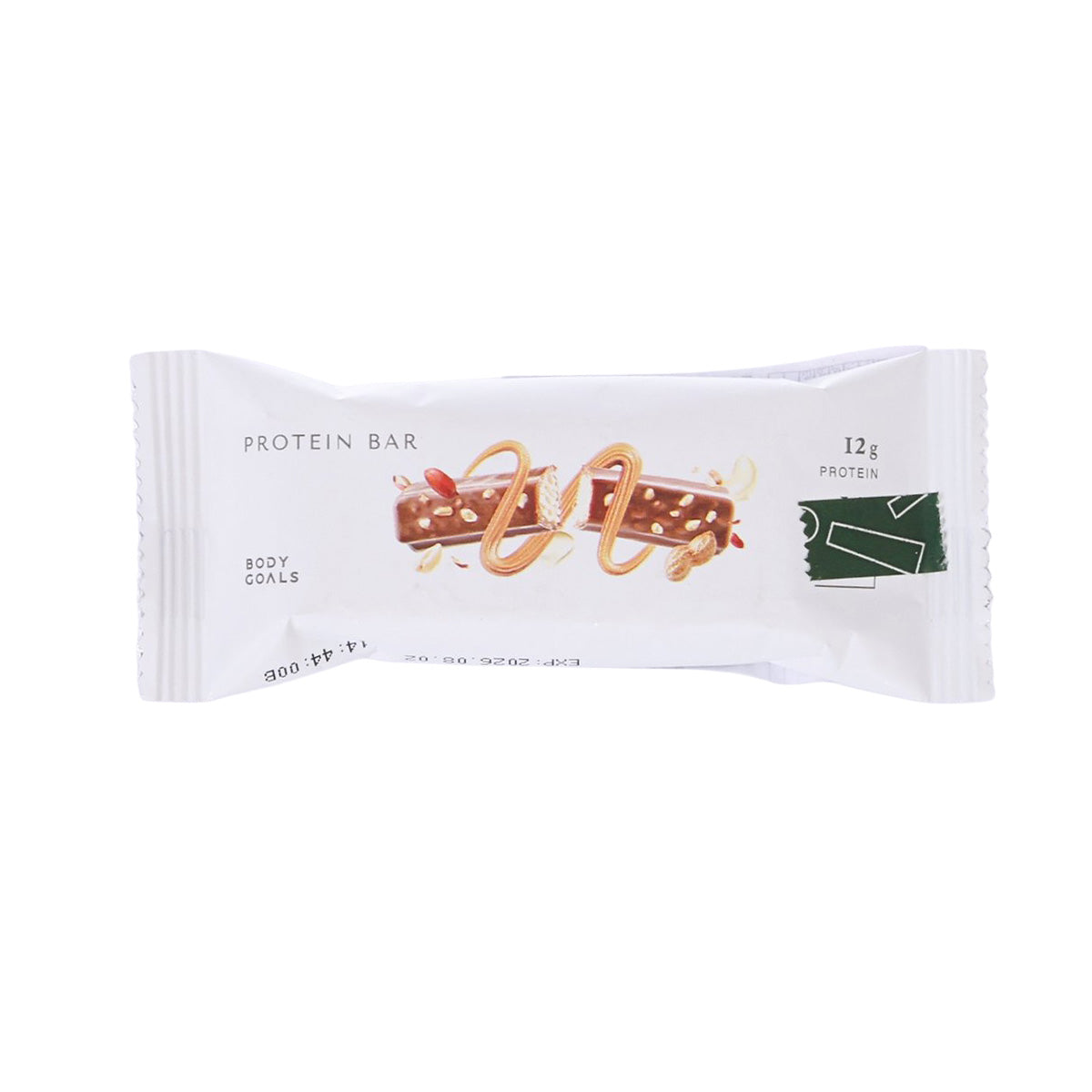 Creamy peanut butter protein bar in white wrapper, 12g protein, BODY GOALS