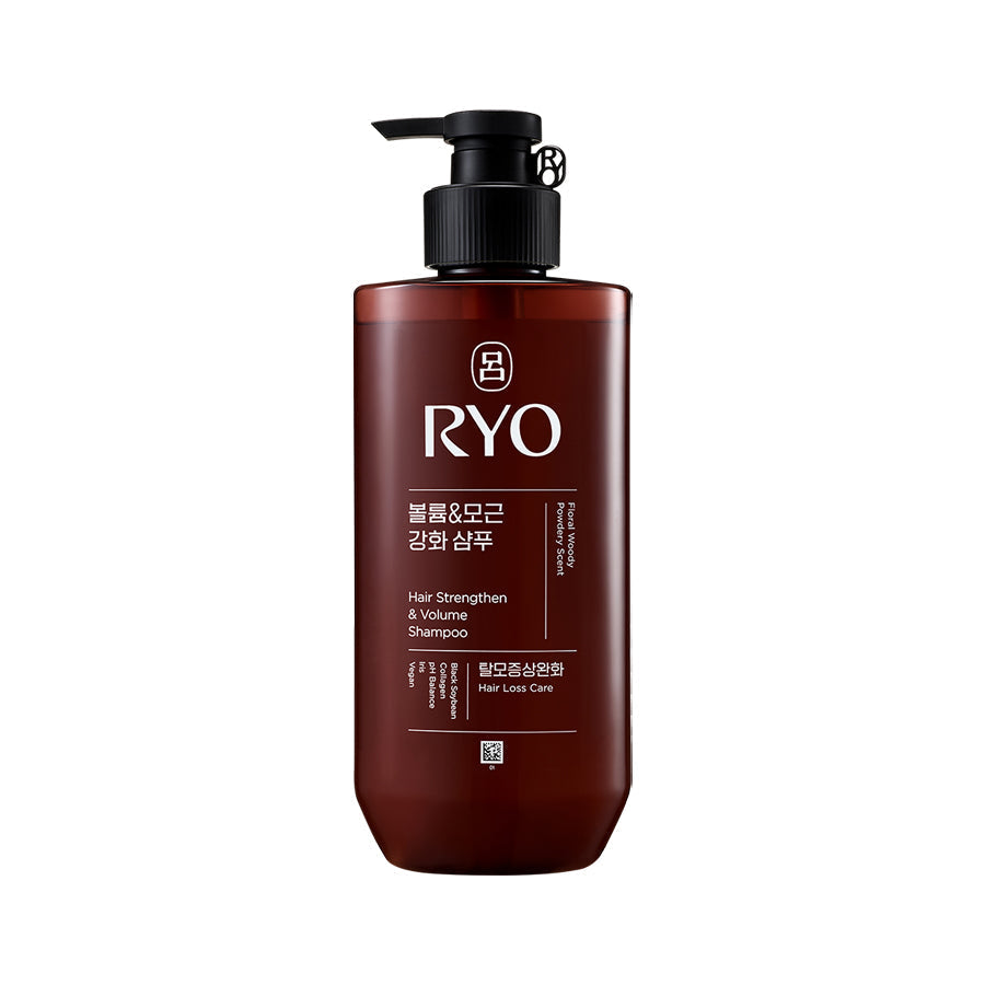 RYO hair strength & volume shampoo bottle with black pump, brown liquid