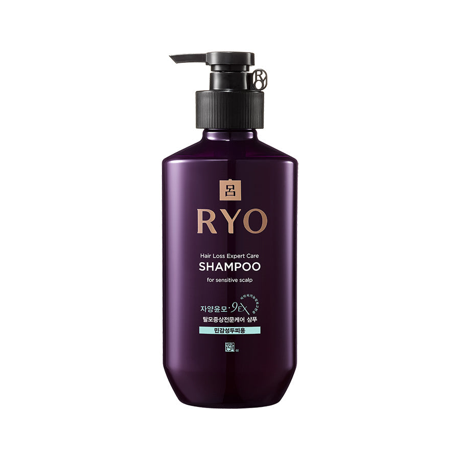 RYO hair loss expert care shampoo bottle, purple with pump dispenser