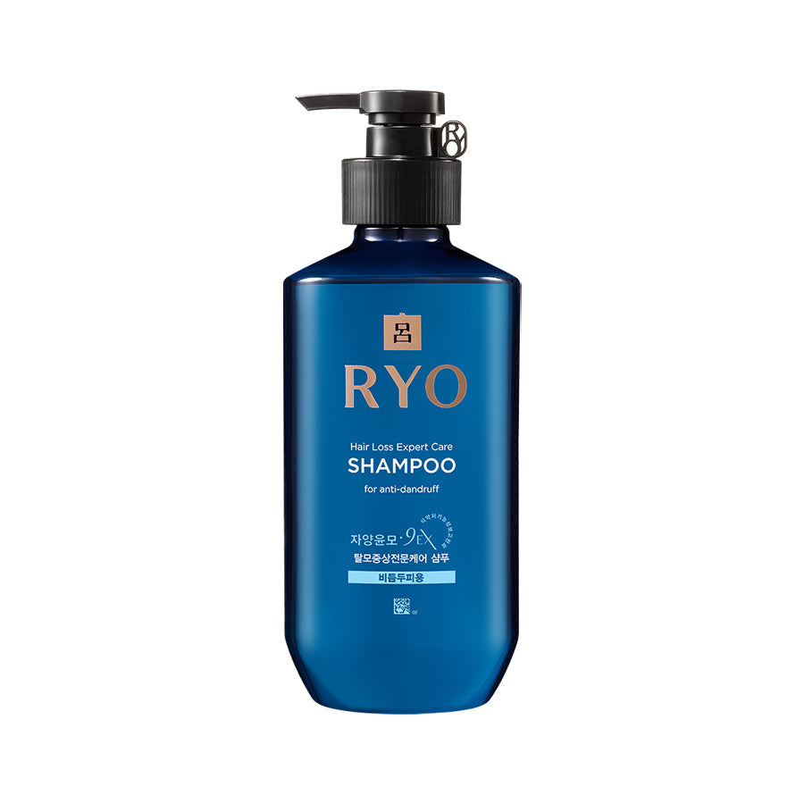 RYO anti-dandruff shampoo bottle with blue label and black pump dispenser