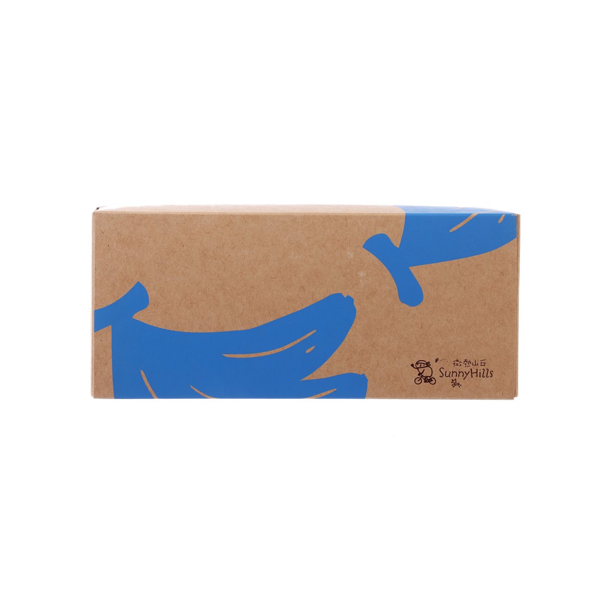 SunnyHills banana waffle cookie box with blue banana pattern on kraft paper