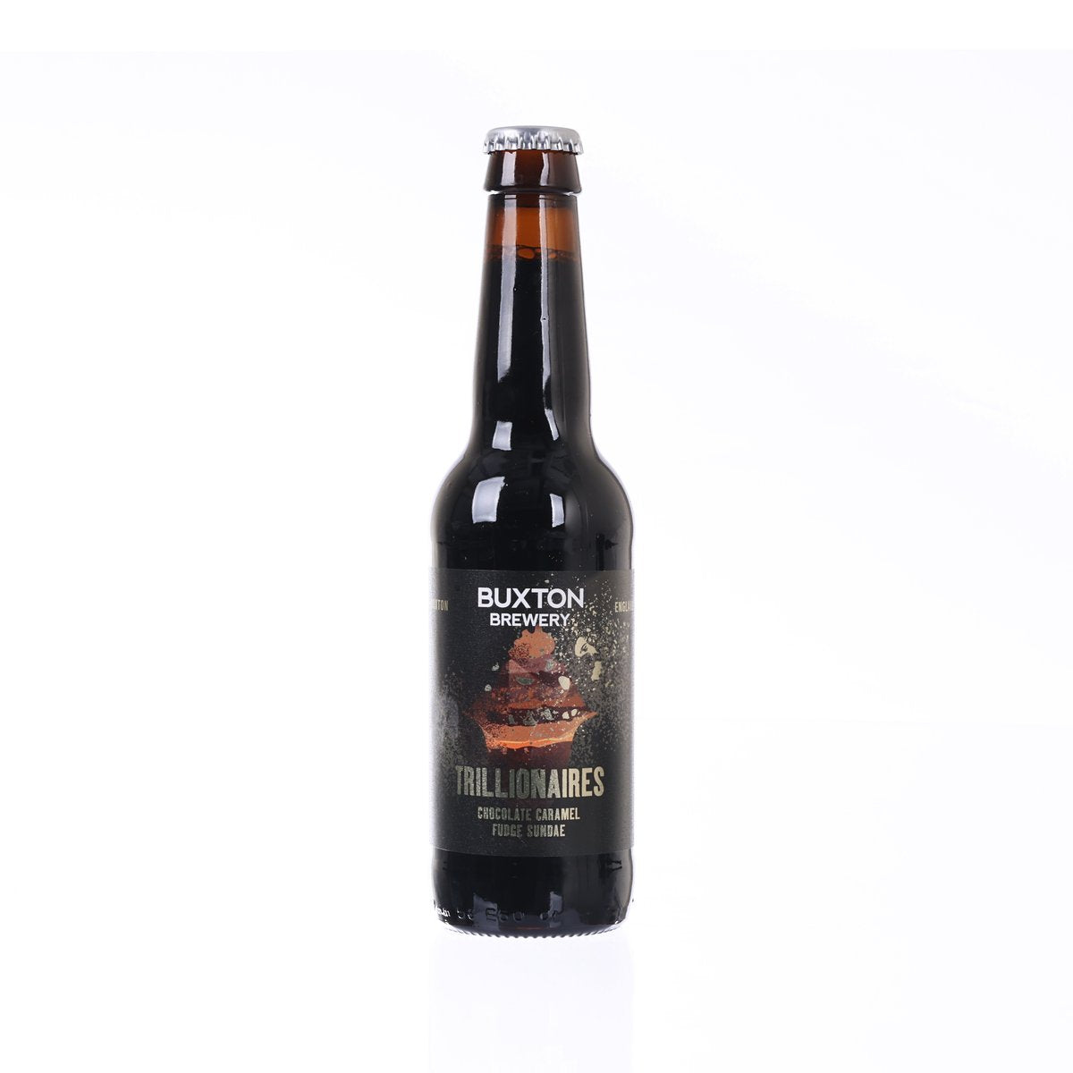 Dark imperial stout bottle with BUXTON Trillionaires front label and metal crown cap.