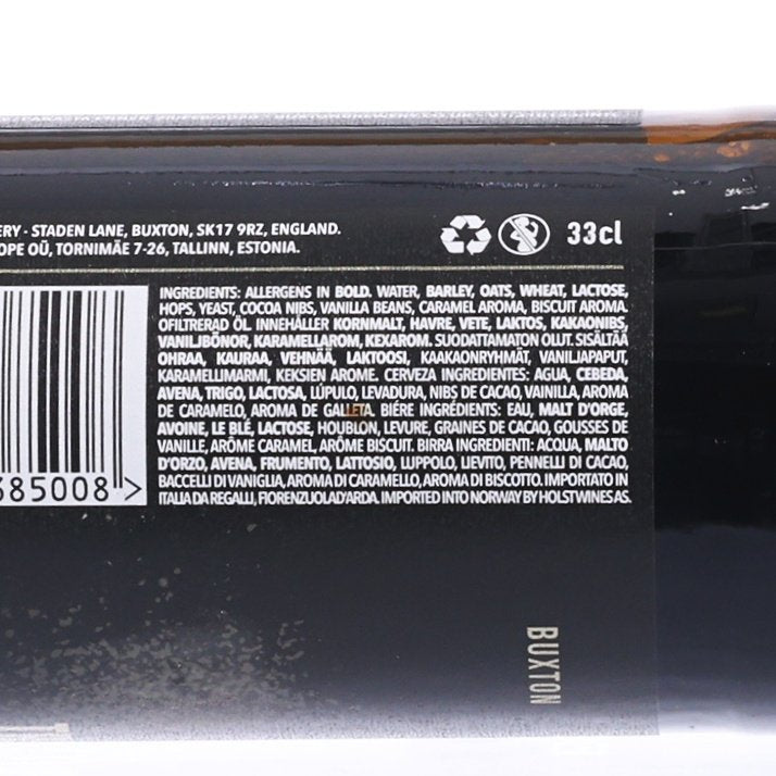 Back label view of dark imperial stout bottle with barcode and ingredient text.