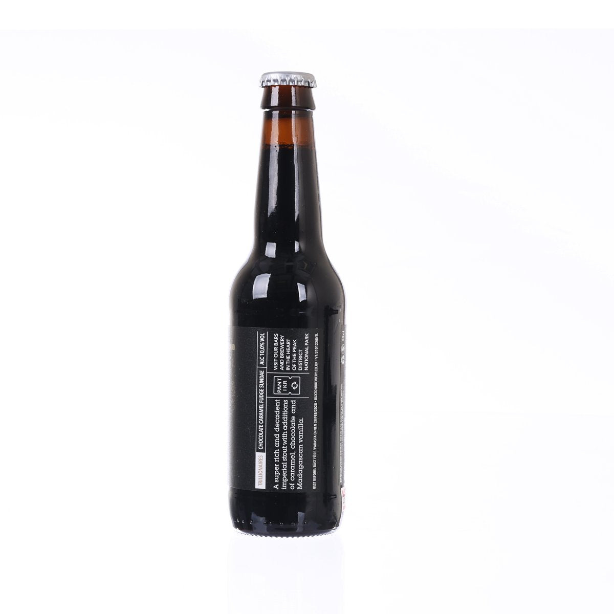 Dark imperial stout bottle with rear label and crown cap, side view.