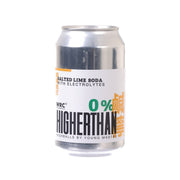 HIGHERTHAN 0% salted lime soda can, silver top and colorful front label
