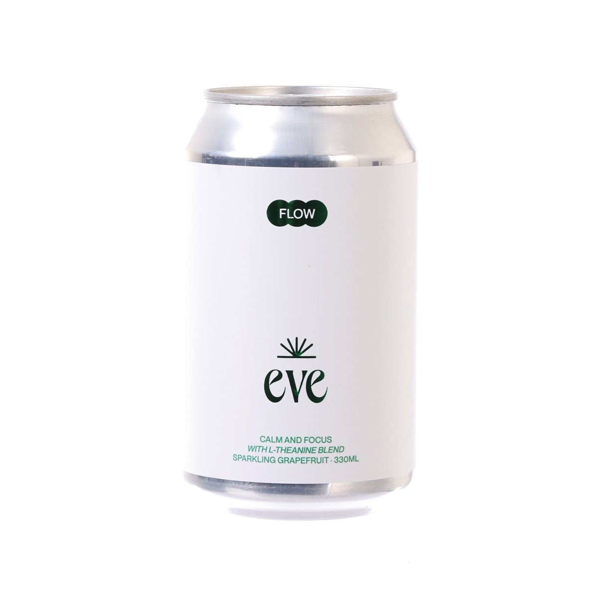 Sparkling grapefruit soda can, white with silver top, Flow label and eve logo