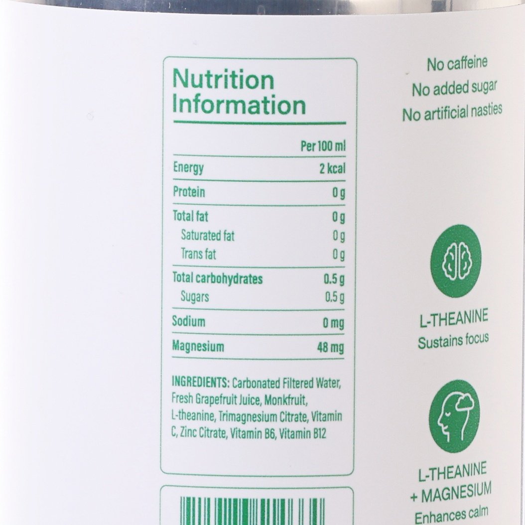 Sparkling grapefruit soda can showing Nutrition Information panel and L-theanine text