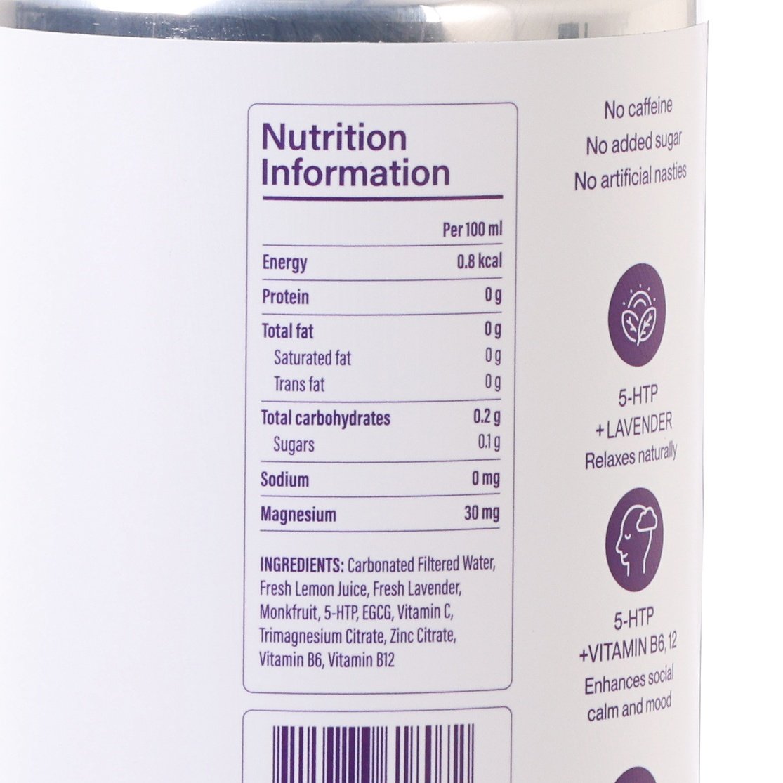 Nutrition Information close-up: No caffeine, No added sugar, 5-HTP + lavender