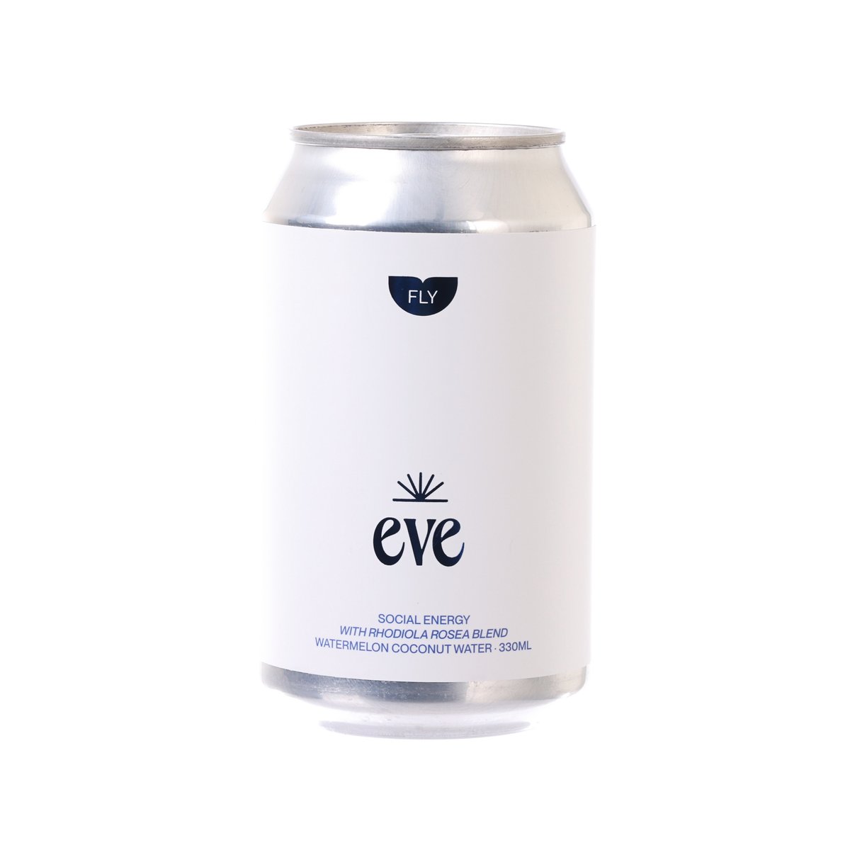 Sparkling water can with white label, blue 'fly' and 'eve' text