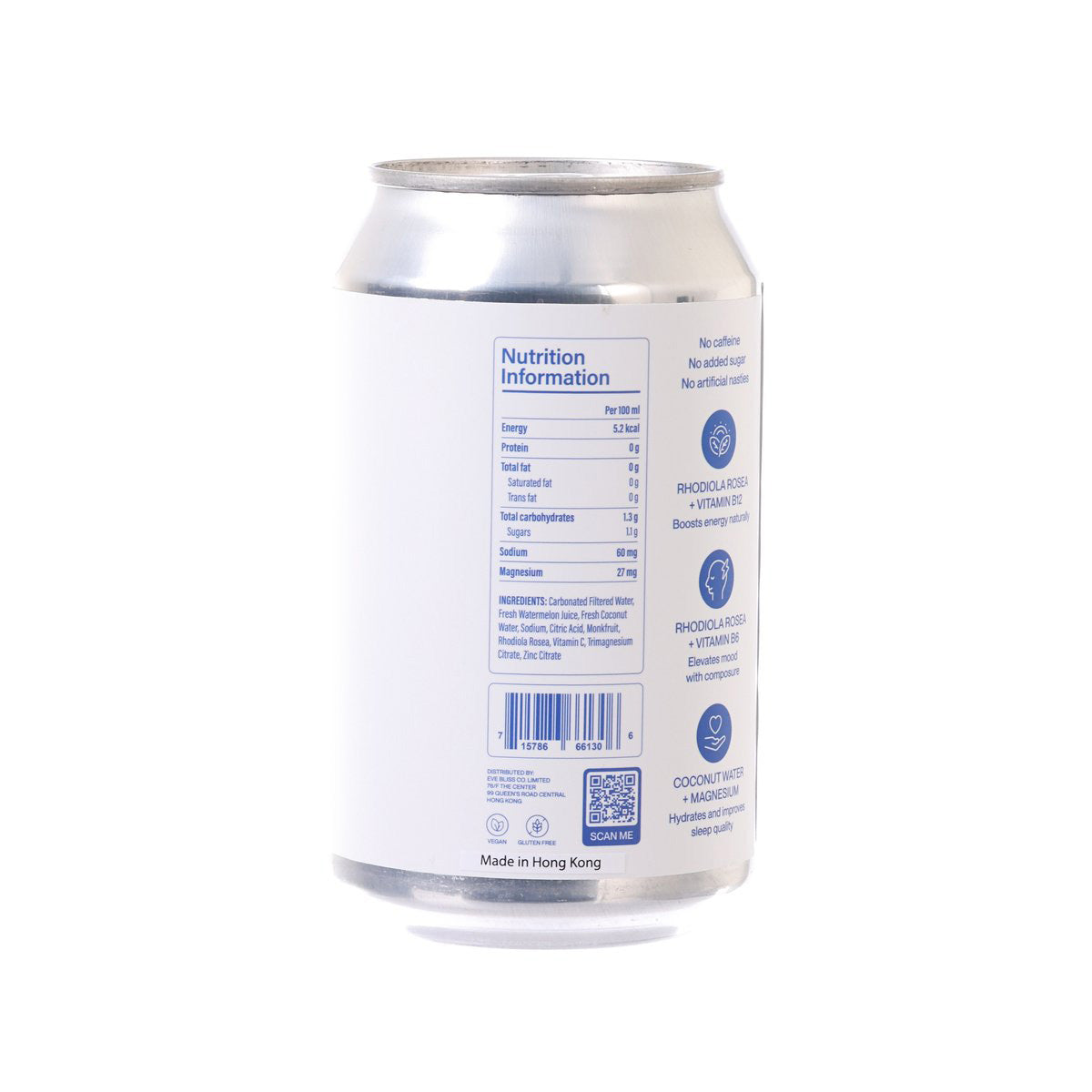 Sparkling water can back label with nutrition panel and health icons