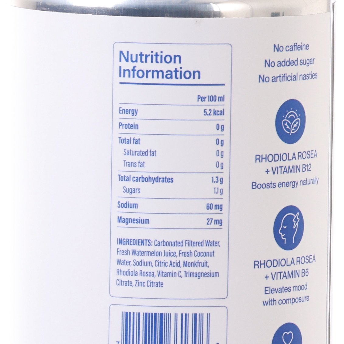 Sparkling water can nutrition information panel with ingredients and per-100-ml data