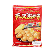 Cheese okaki rice crackers bag, red package with cheese crackers and 77g/20 pieces text