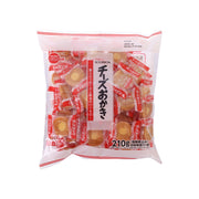BOURBON cheese okaki rice crackers pouch, red-and-white front with snack pieces