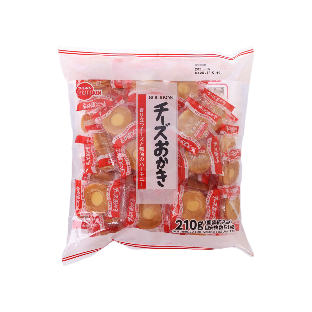 BOURBON cheese okaki rice crackers pouch, red-and-white front with snack pieces