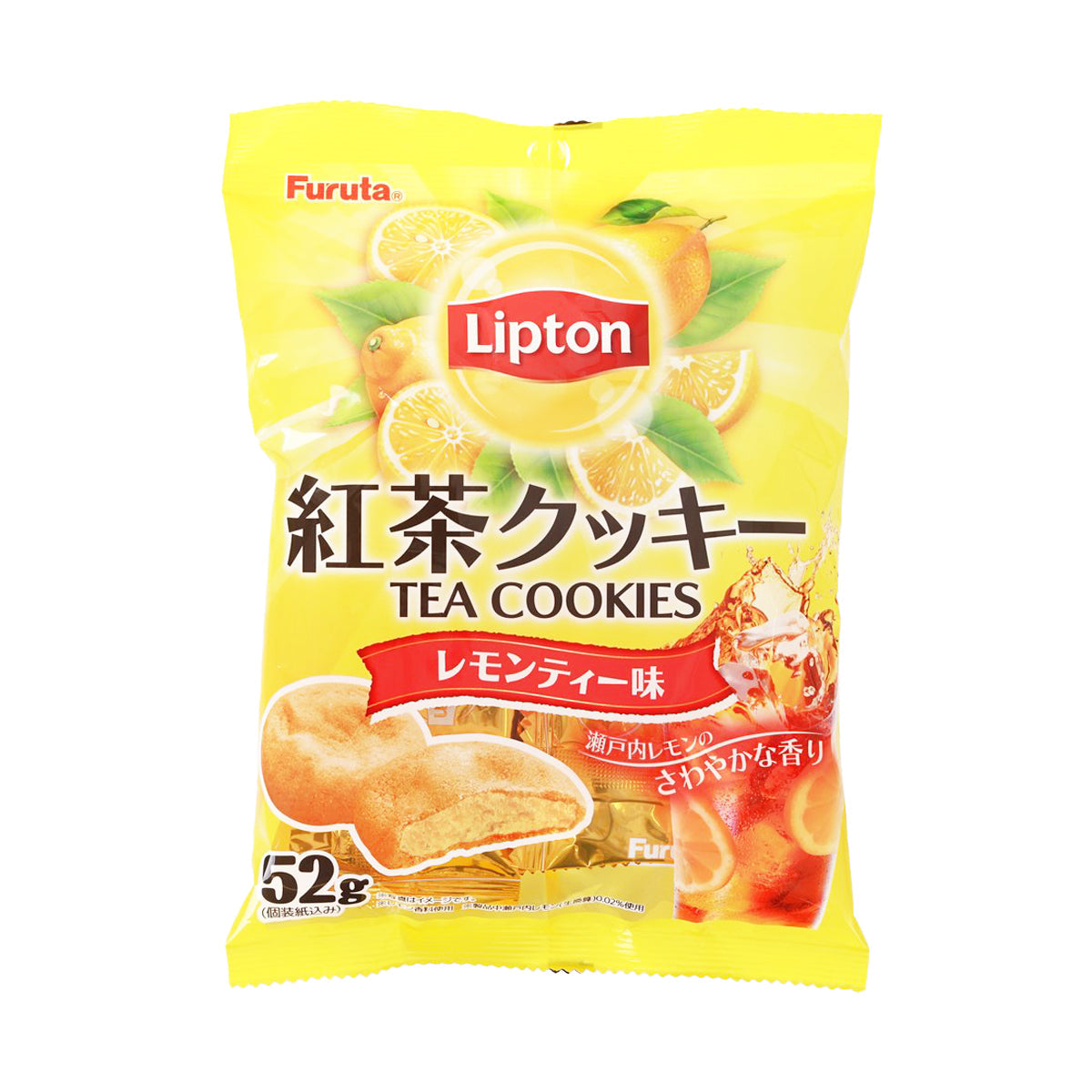Lemon tea cookie pouch by Lipton, yellow pack with tea cookie artwork, 52g