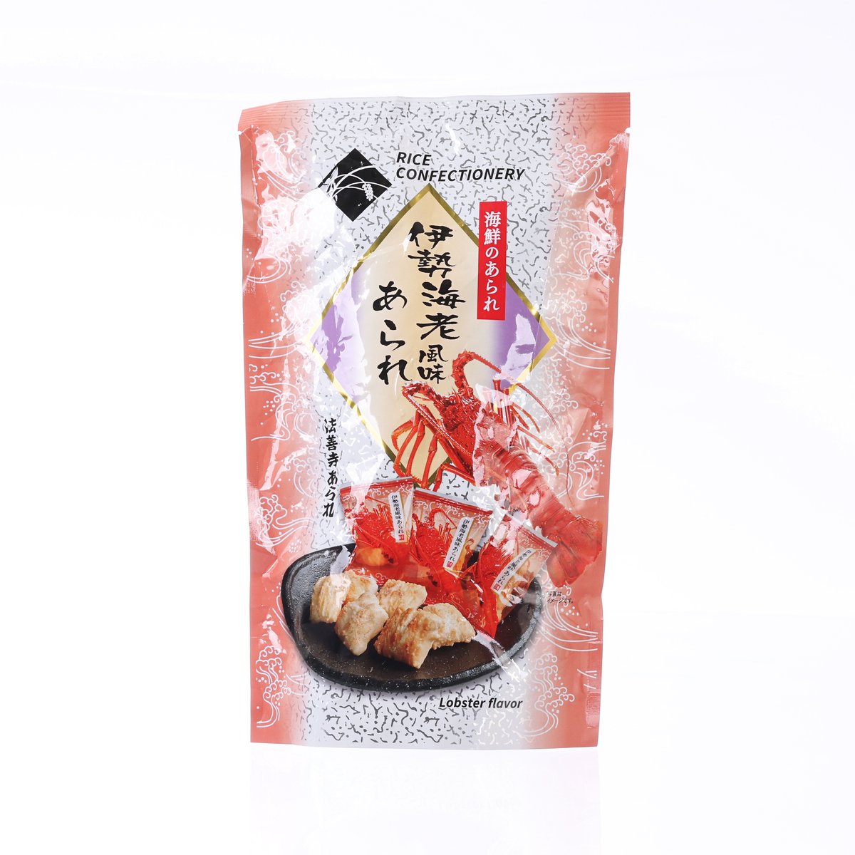 Red rice cracker pouch with lobster flavor and photo of crackers