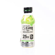 Green apple protein water bottle with black cap, clear PET and green drink