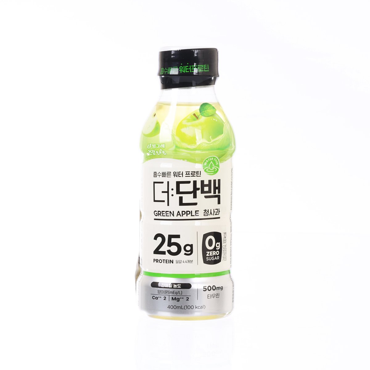 Green apple protein water bottle with black cap, clear PET and green drink