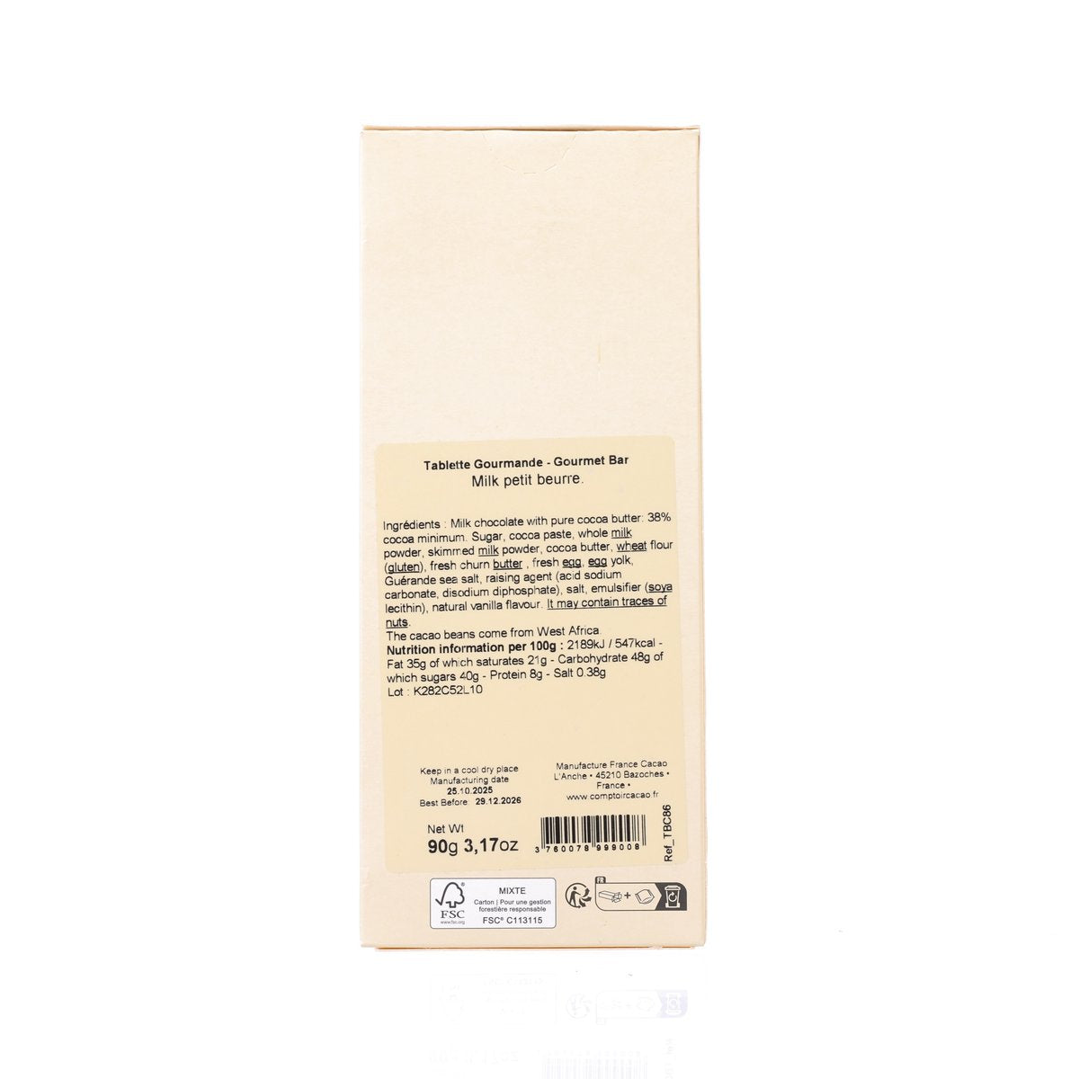 Back of 90g milk chocolate bar wrapper with ingredient and nutrition information