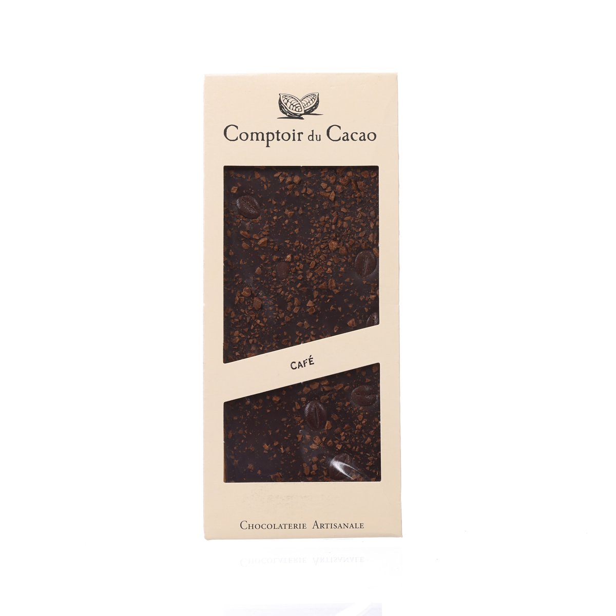 COMPTOIR DU CACAO dark coffee chocolate 90 g, front pack with cocoa pattern