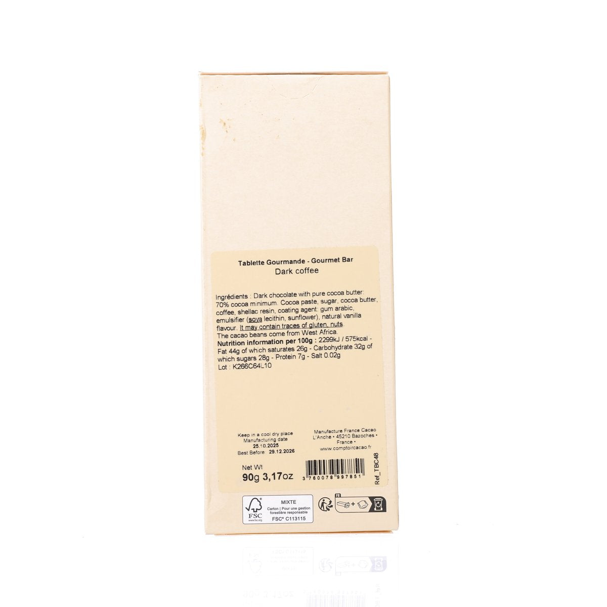COMPTOIR DU CACAO dark coffee chocolate 90 g, back label with ingredients list
