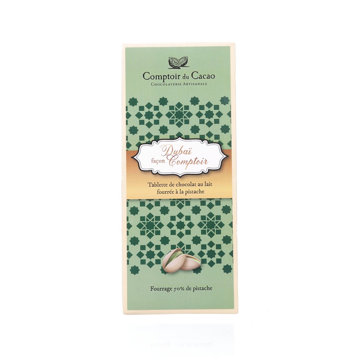 COMPTOIR DU CACAO pistachio milk chocolate bar, 100 g, Dubai design
