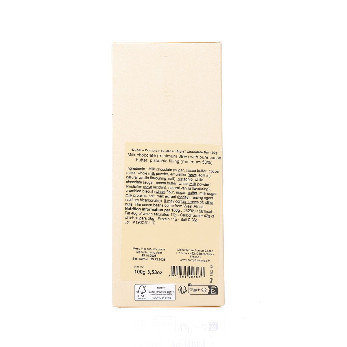 COMPTOIR DU CACAO pistachio milk chocolate bar back with ingredient and nutrition text