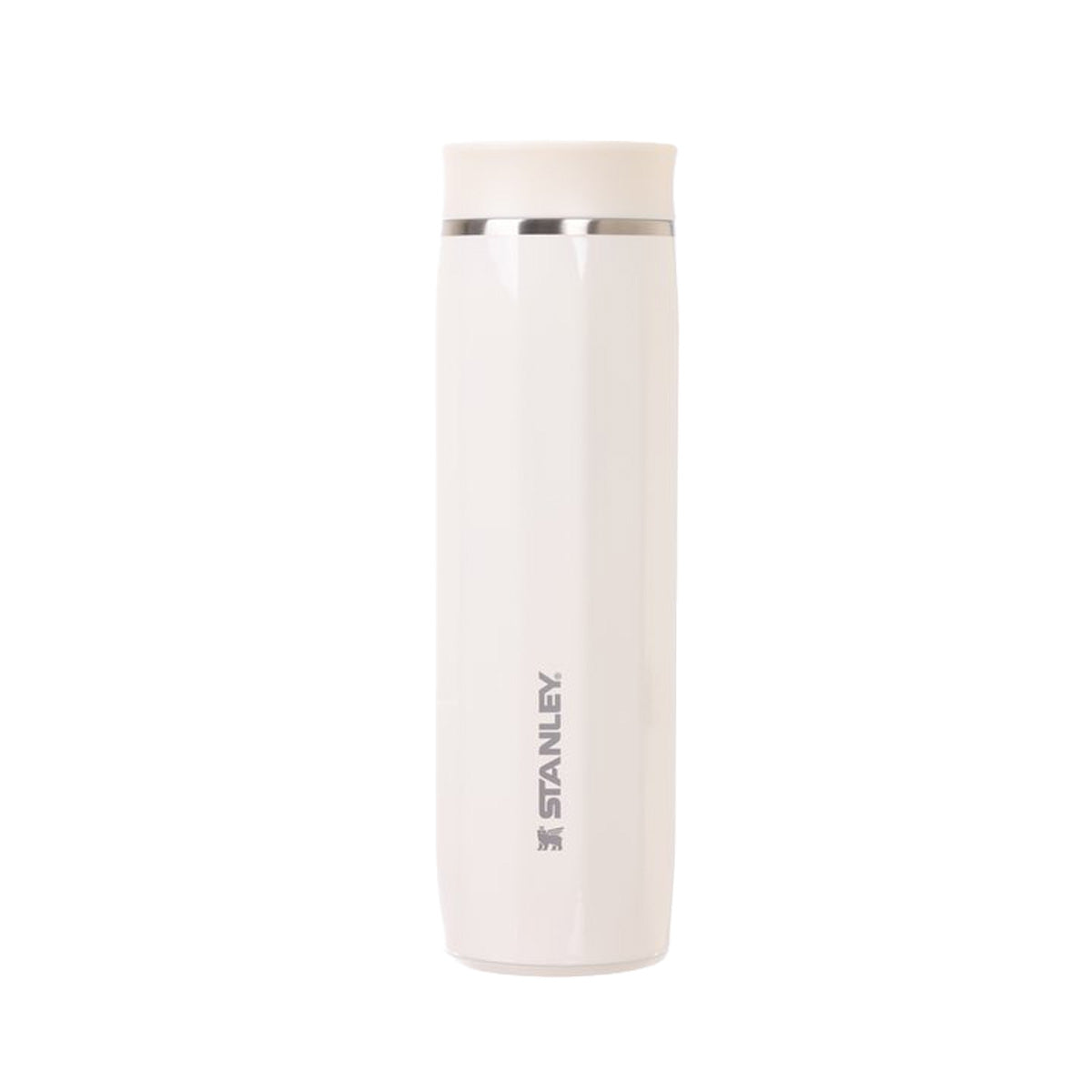 Cream glossy 16oz travel mug with stainless rim and STANLEY logo