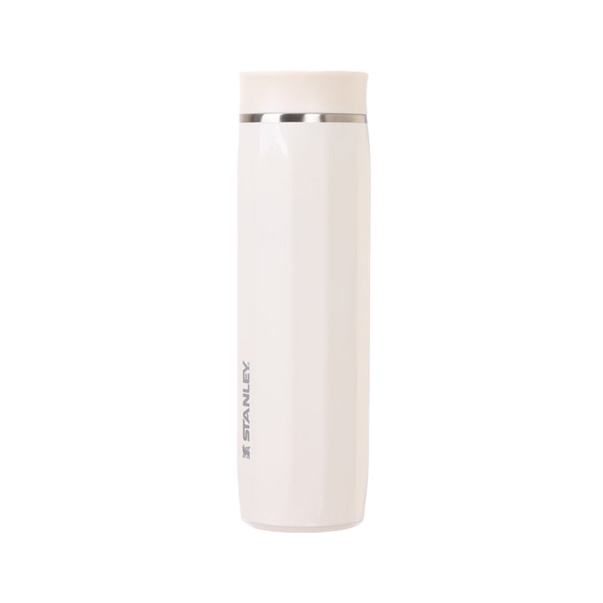 Cream glossy 16oz travel mug with stainless rim and side STANLEY logo