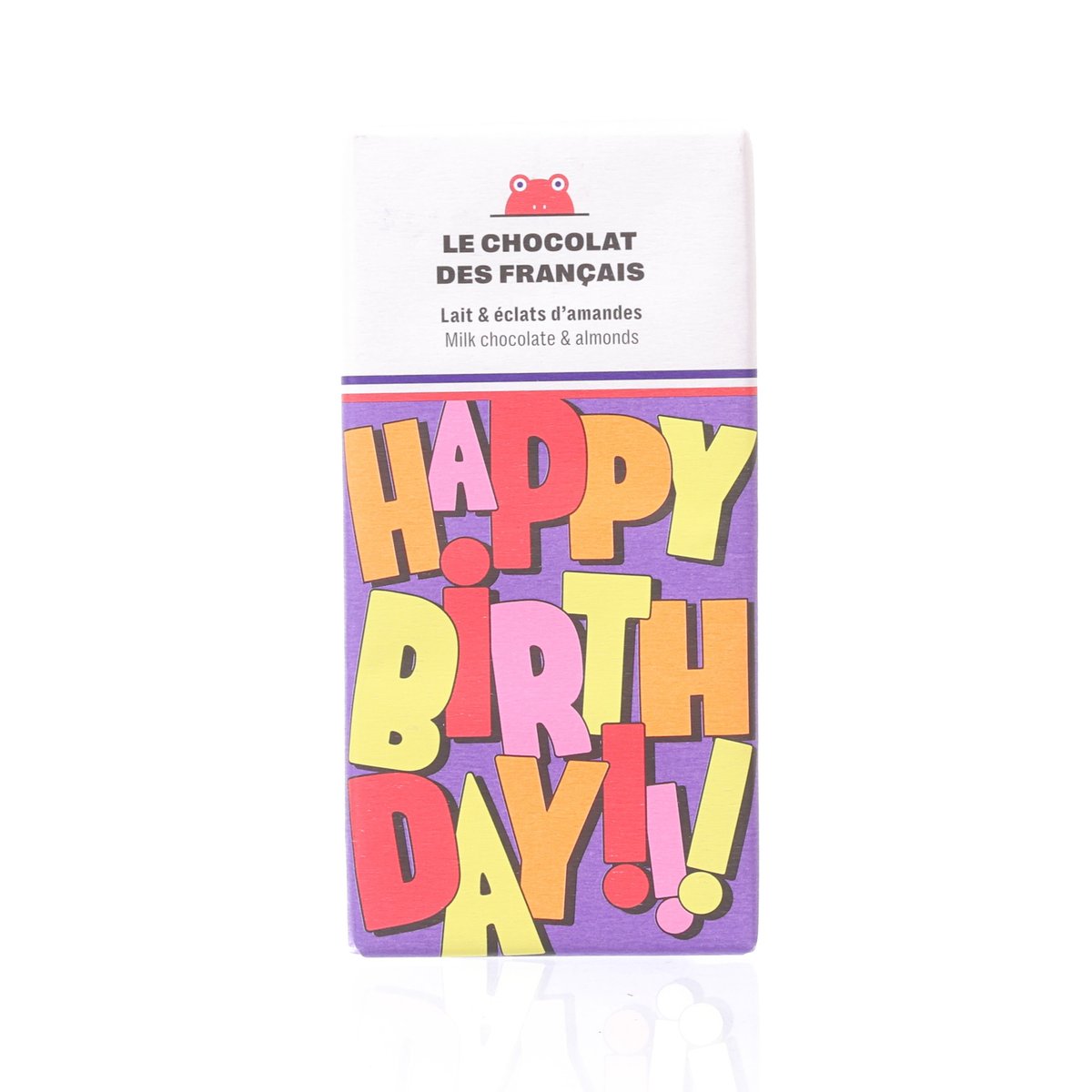 Birthday organic milk chocolate pouch with almond slivers, HAPPY BIRTHDAY front