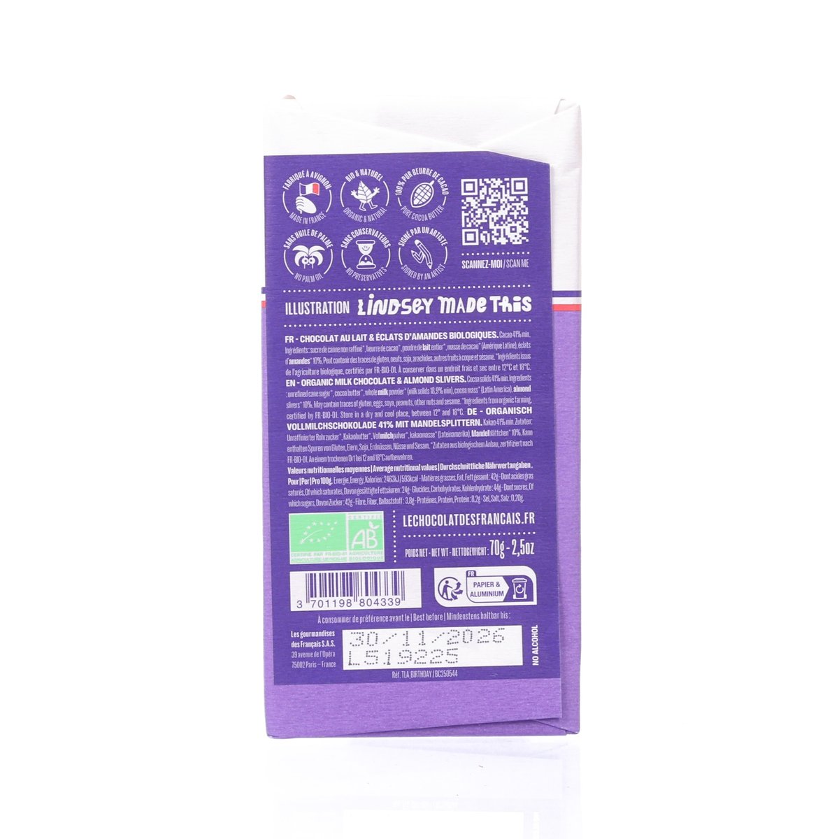 Birthday organic milk chocolate pouch with almond slivers, back panel with nutrition text