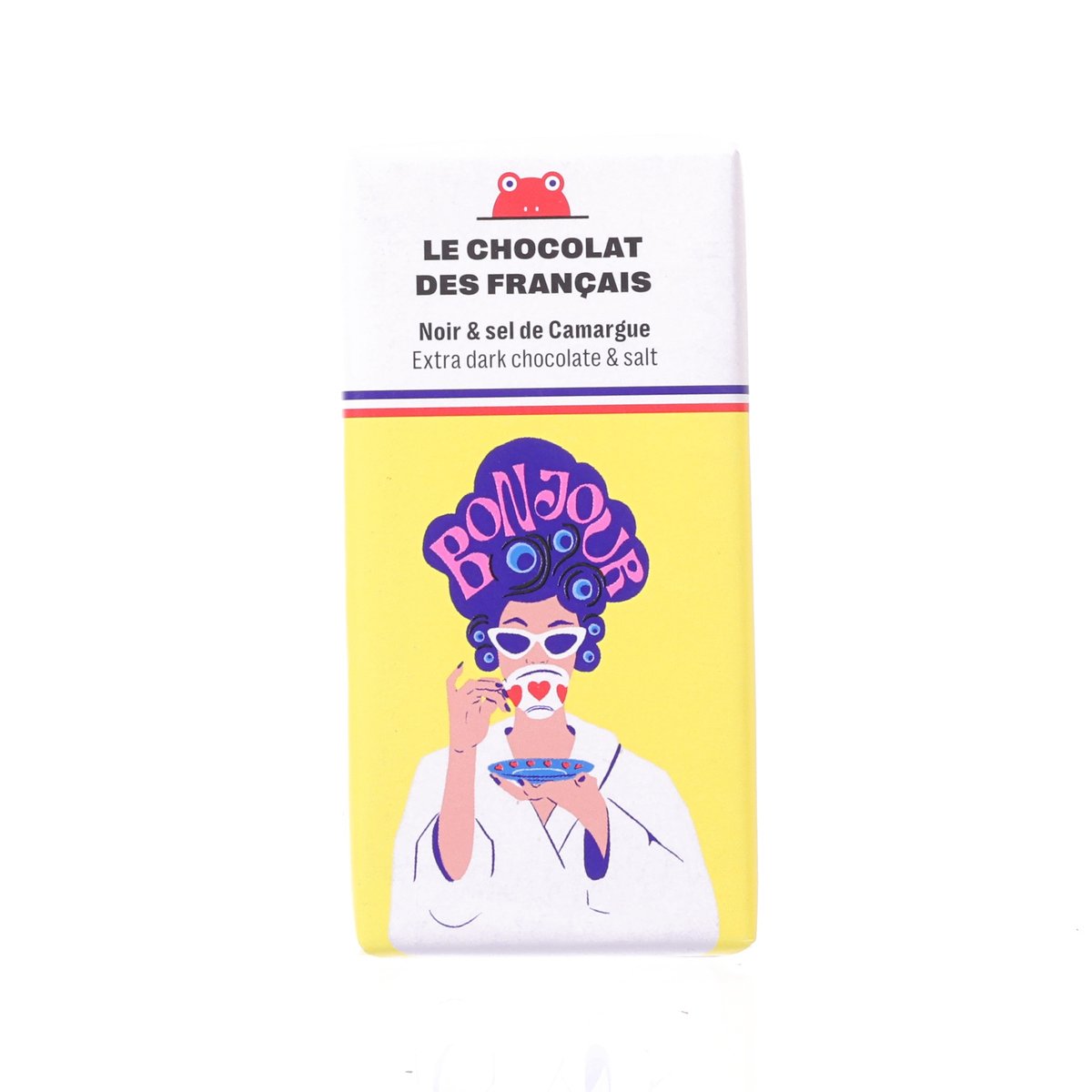 Organic extra dark chocolate & salt mini bar pouch, illustrated Bonjour front