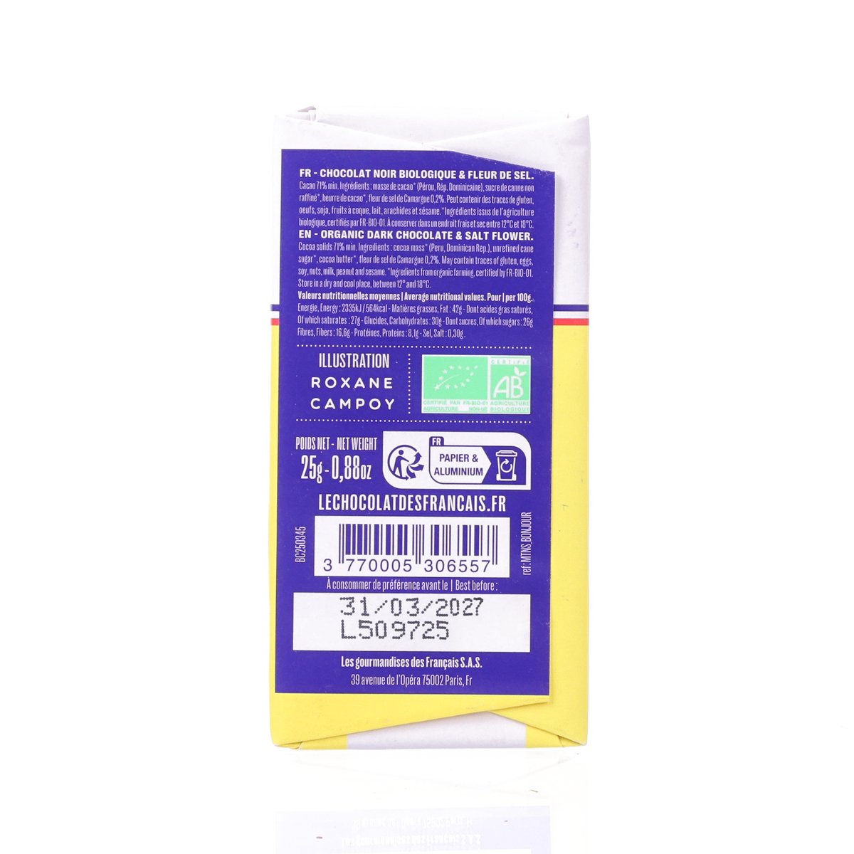 Organic extra dark chocolate & salt mini bar pouch, barcode and label on back