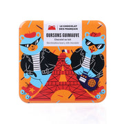 Chocolate-coated marshmallow bears tin, colorful front illustration