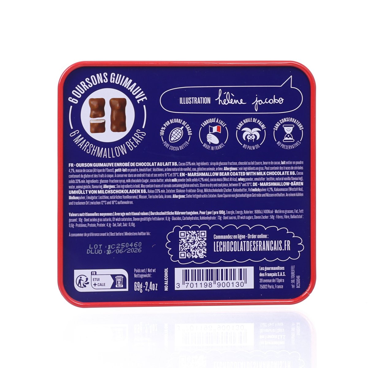Chocolate-coated marshmallow bears tin, blue back label with product details