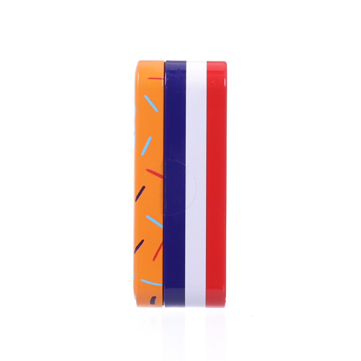 Chocolate-coated marshmallow bears tin side with orange, blue, and red stripes