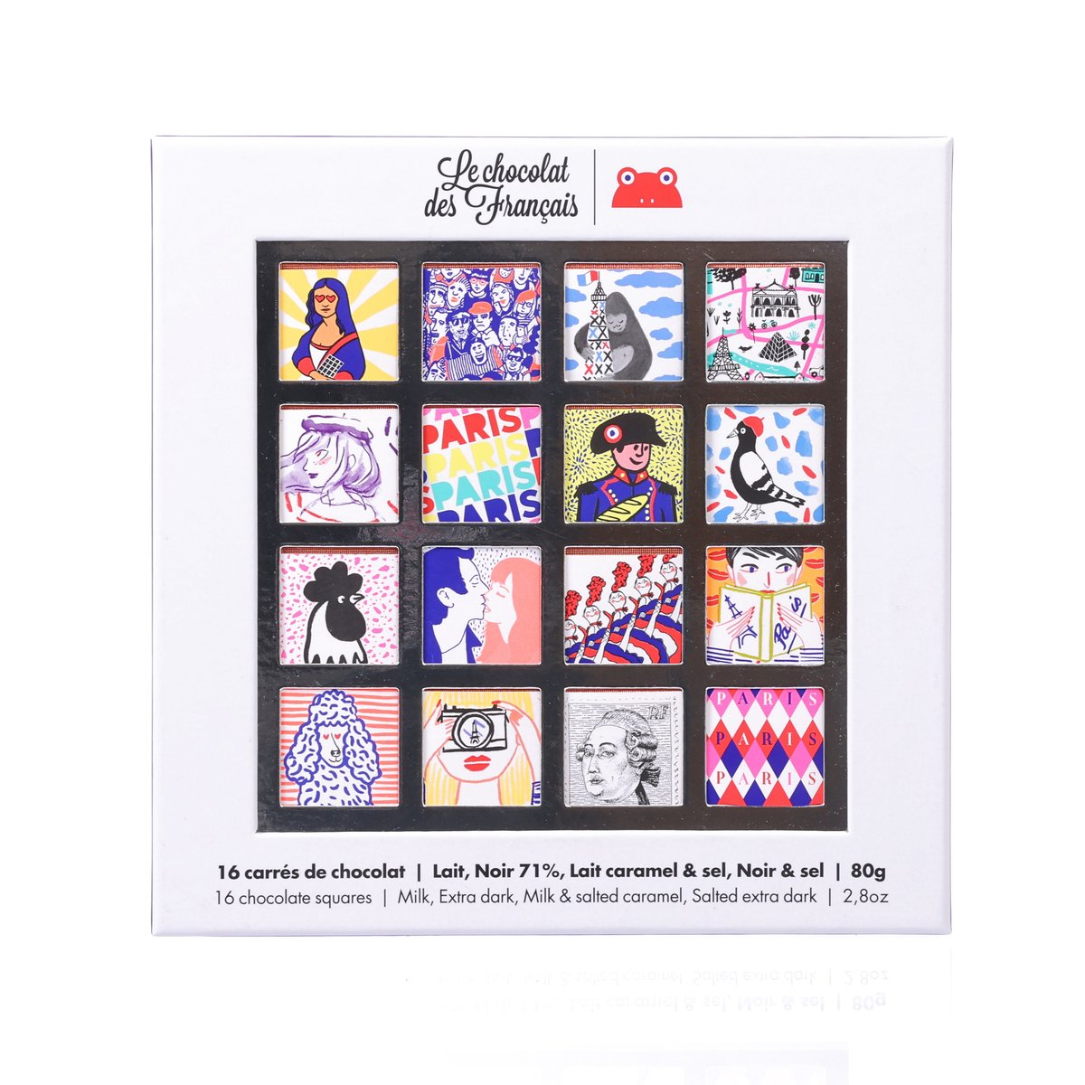 Assorted organic chocolate squares gift box with colorful Paris-themed artwork window