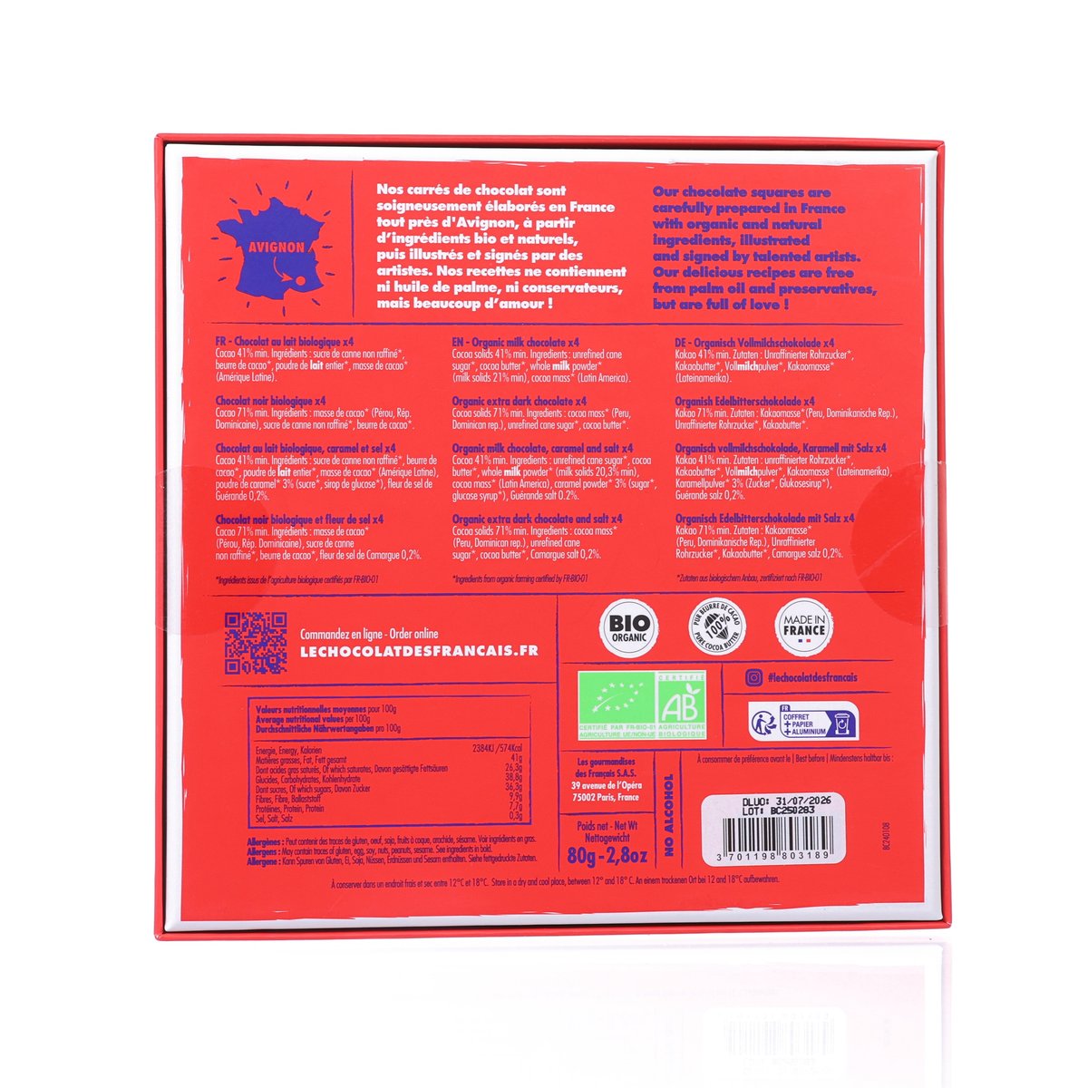 Organic chocolate gift box back panel with barcode and ingredient information