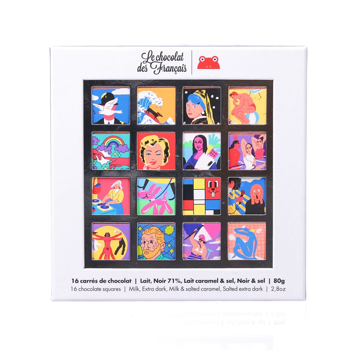 Assorted organic chocolate squares gift box with colorful illustrated artwork, 16 squares