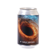 YARDLEY BROTHERS beer can with black hole artwork and dark swirl on a silver label