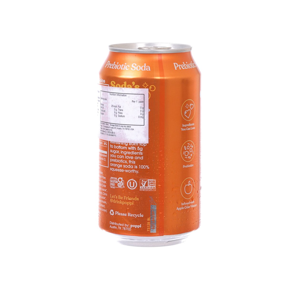 POPPI orange prebiotic soda can, 355 mL, back label with nutrition information