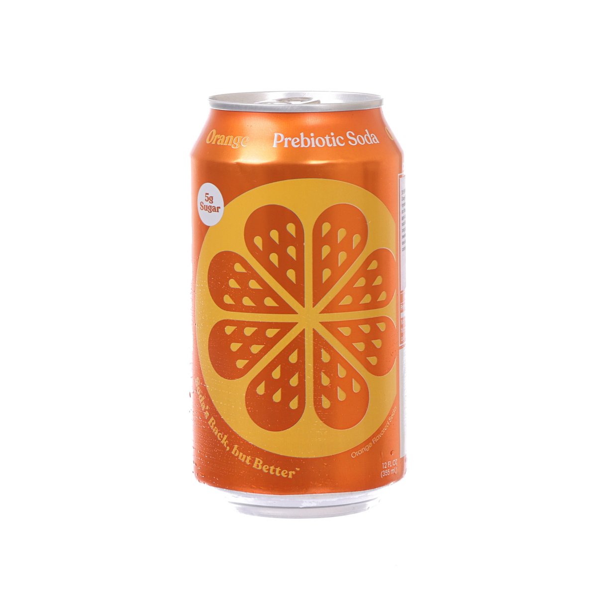 POPPI orange prebiotic soda can, 355 mL, front label with flower design